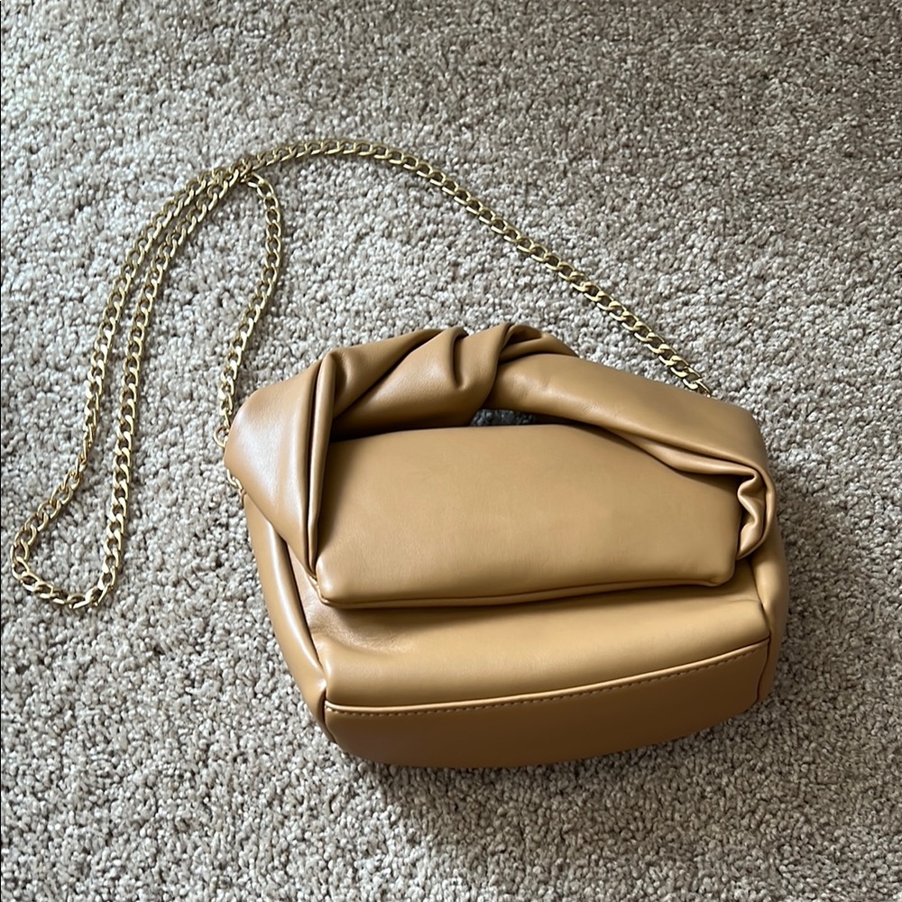 Elegant Tan Crossbody Bag with Gold Chain